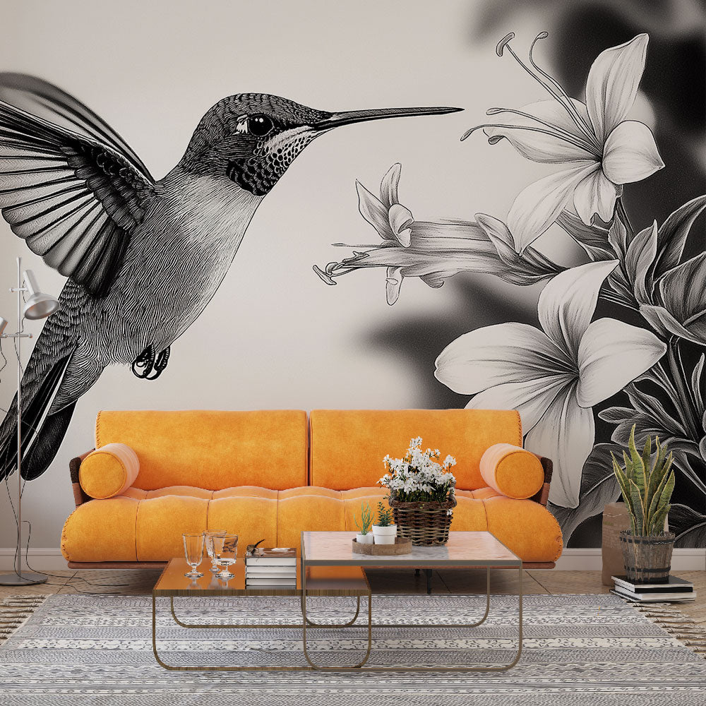Hummingbird Wallpaper | Monochrome Bird and Elegant Flowers