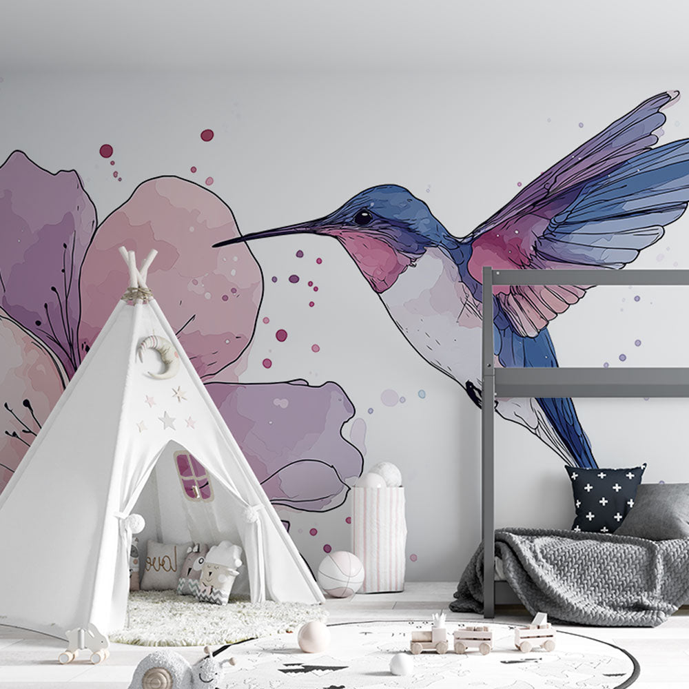 Hummingbird Wallpaper | Bird in Flight Over a Pink Bloom