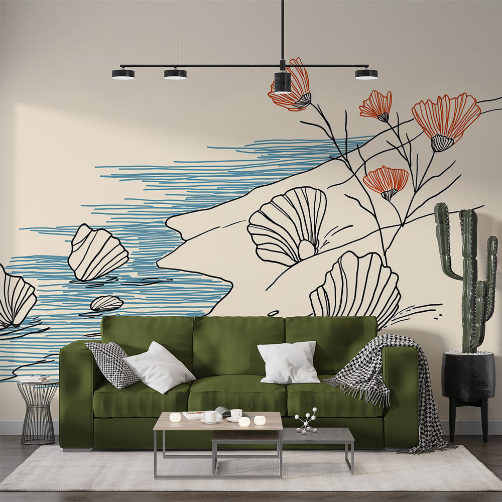 Seashell Wallpaper | Shells and Orange Flowers on Beige