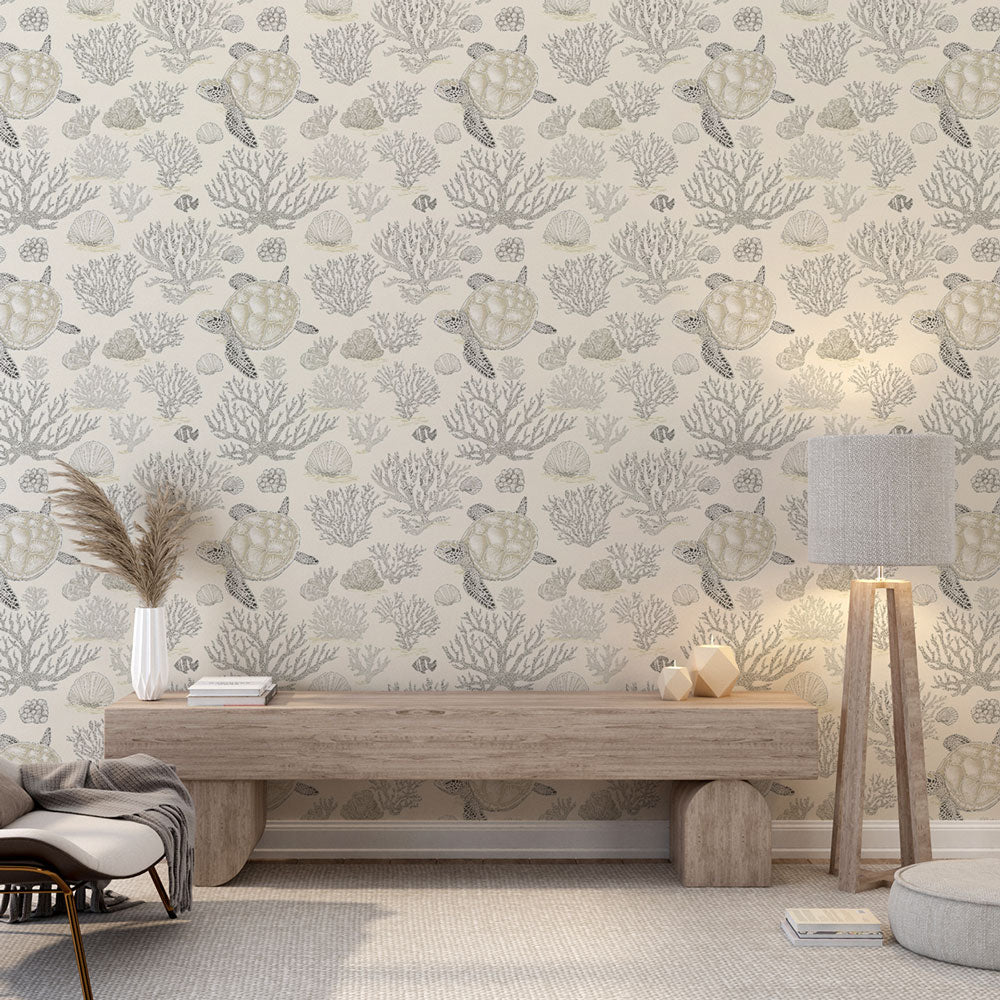 Sea Turtle Wallpaper | Calming Coral Motifs on Cream