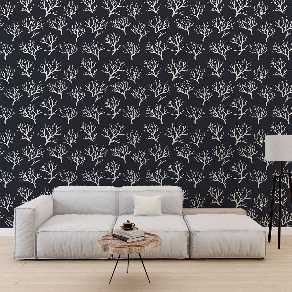 Coral Wallpaper | White Corals on a Dark Marine Ground