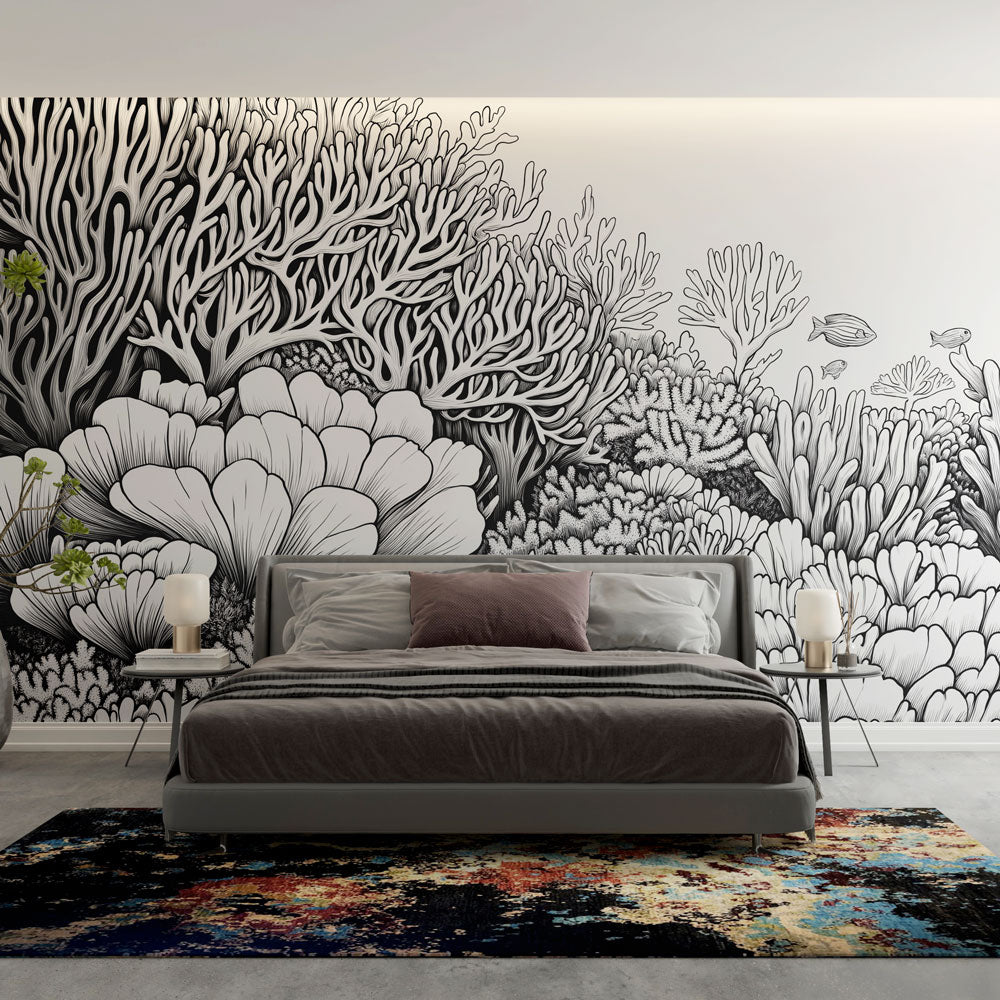 Coral wallpaper | Black and white underwater vegetation mural