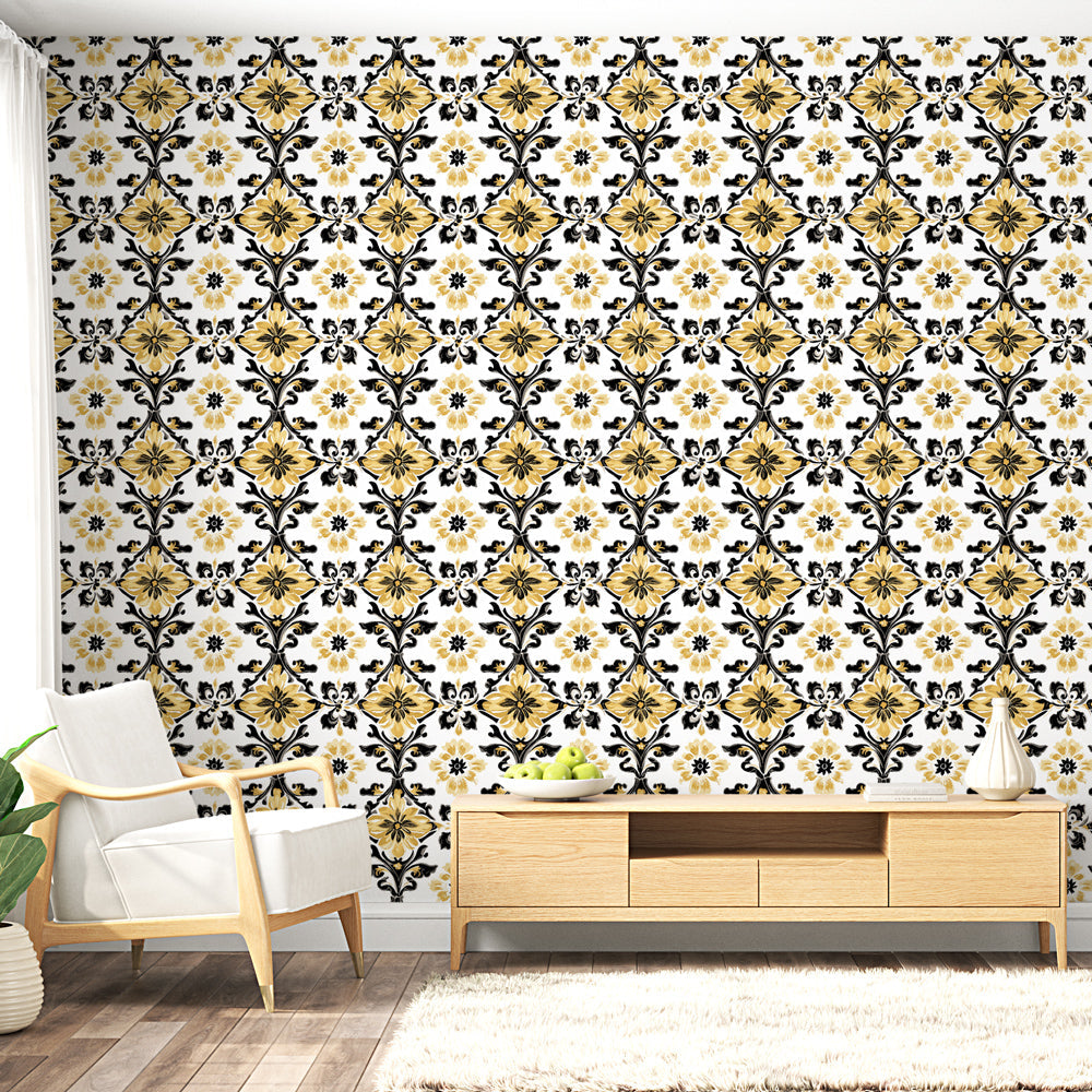 Damask Wallpaper | Gold and Black Floral Wall Mural