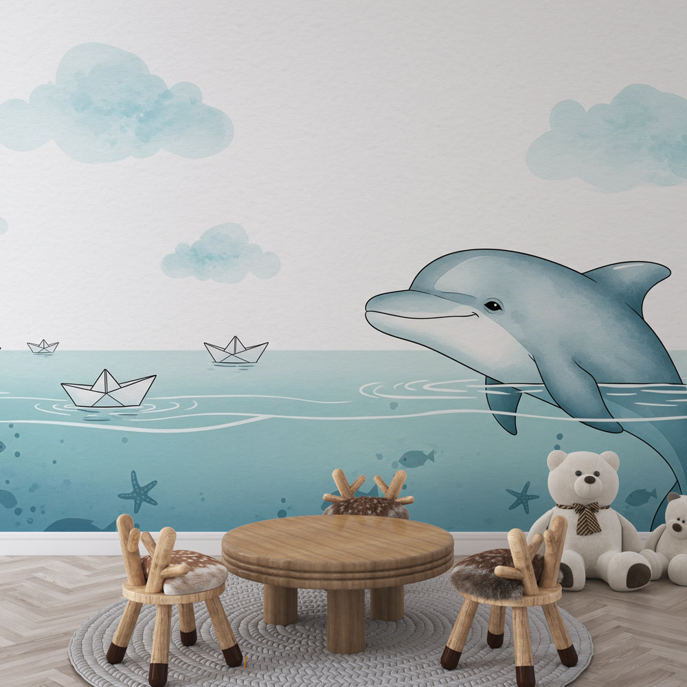 Dolphin Wallpaper | Calm Ocean and Paper Boats Wall Mural