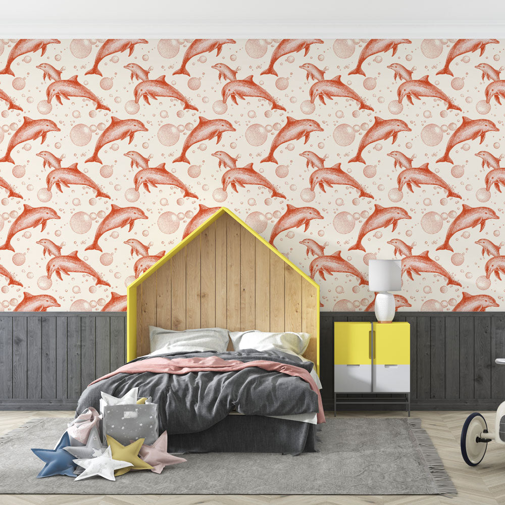 Dolphin and Bubble Wallpaper | Soft Coral Wall Mural