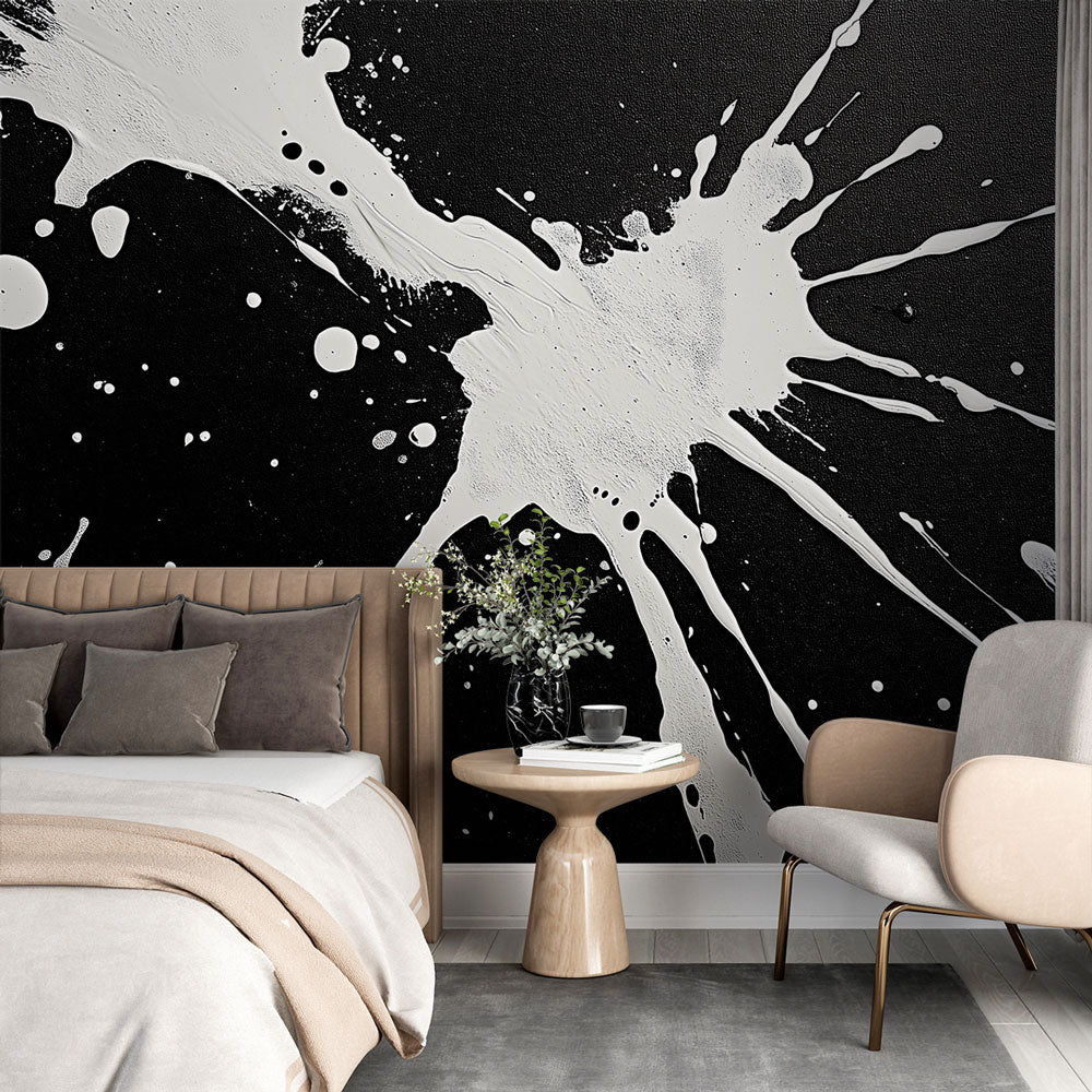 White Splash Wallpaper | Artistic Motif on Black Wall Mural