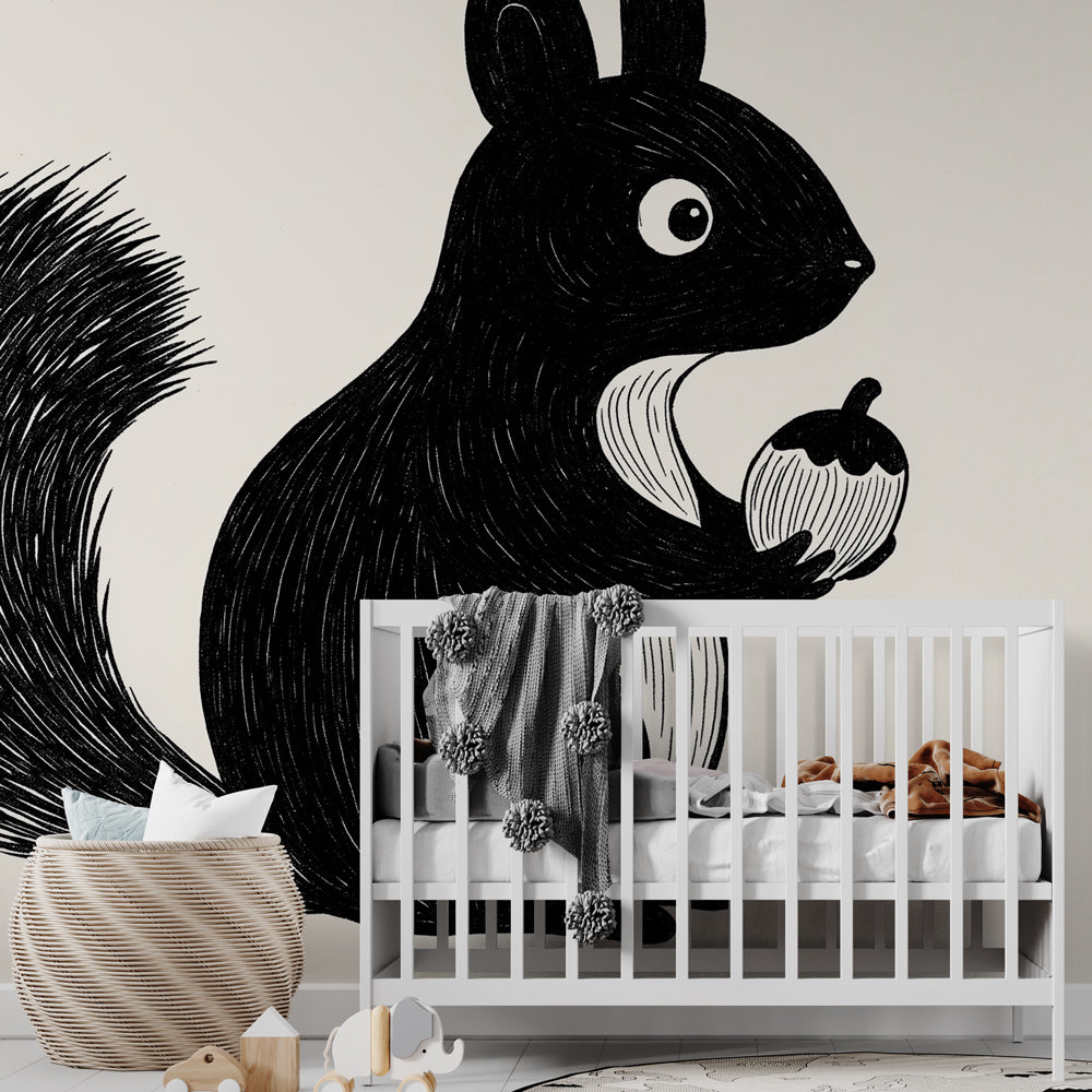 Black Squirrel Wallpaper | Squirrel with Acorn on Light Wall Mural