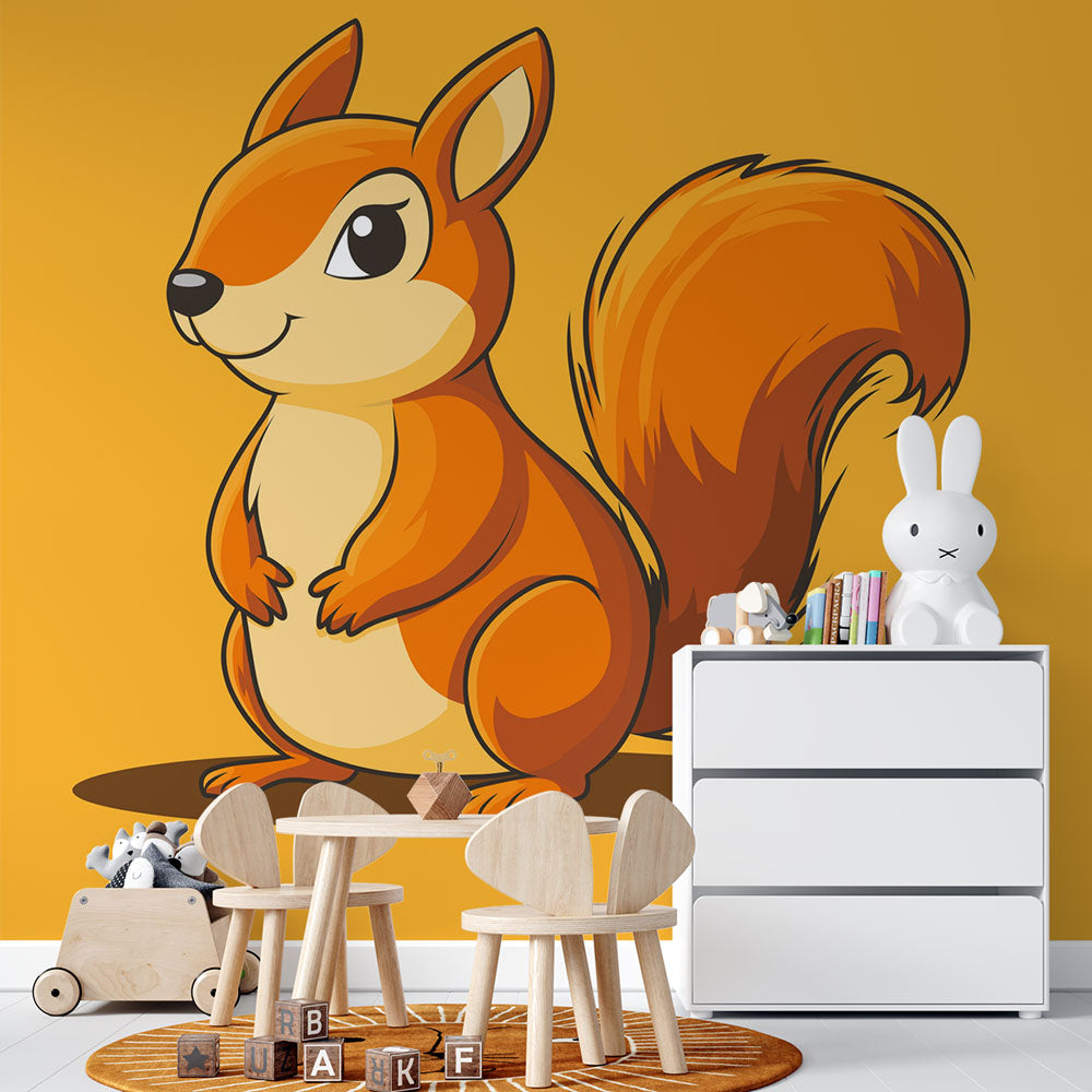 Squirrel Wallpaper | Smiling Squirrel on Bright Yellow Wall Mural