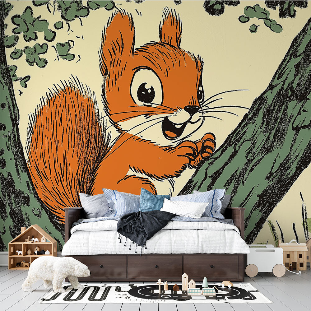 Joyful Squirrel Wallpaper | Orange Squirrel Climbing Tree Wall Mural