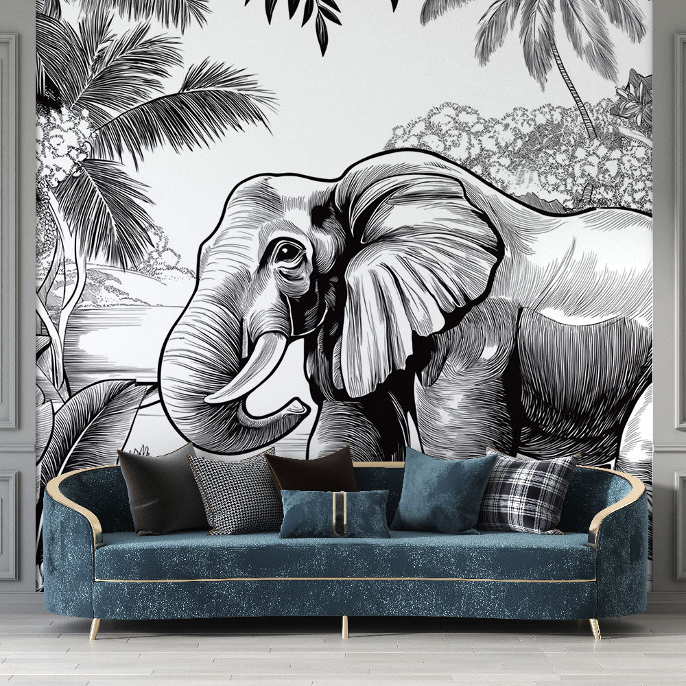 Elephant Wallpaper | Elegant Jungle Scene in Black & White