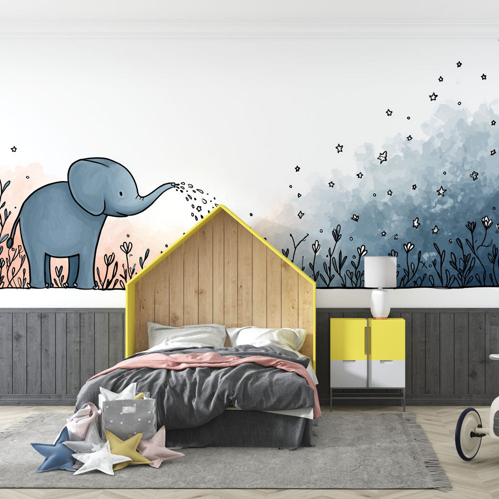 Elephant Wallpaper | Blue Elephant Watering Flowers Under Stars