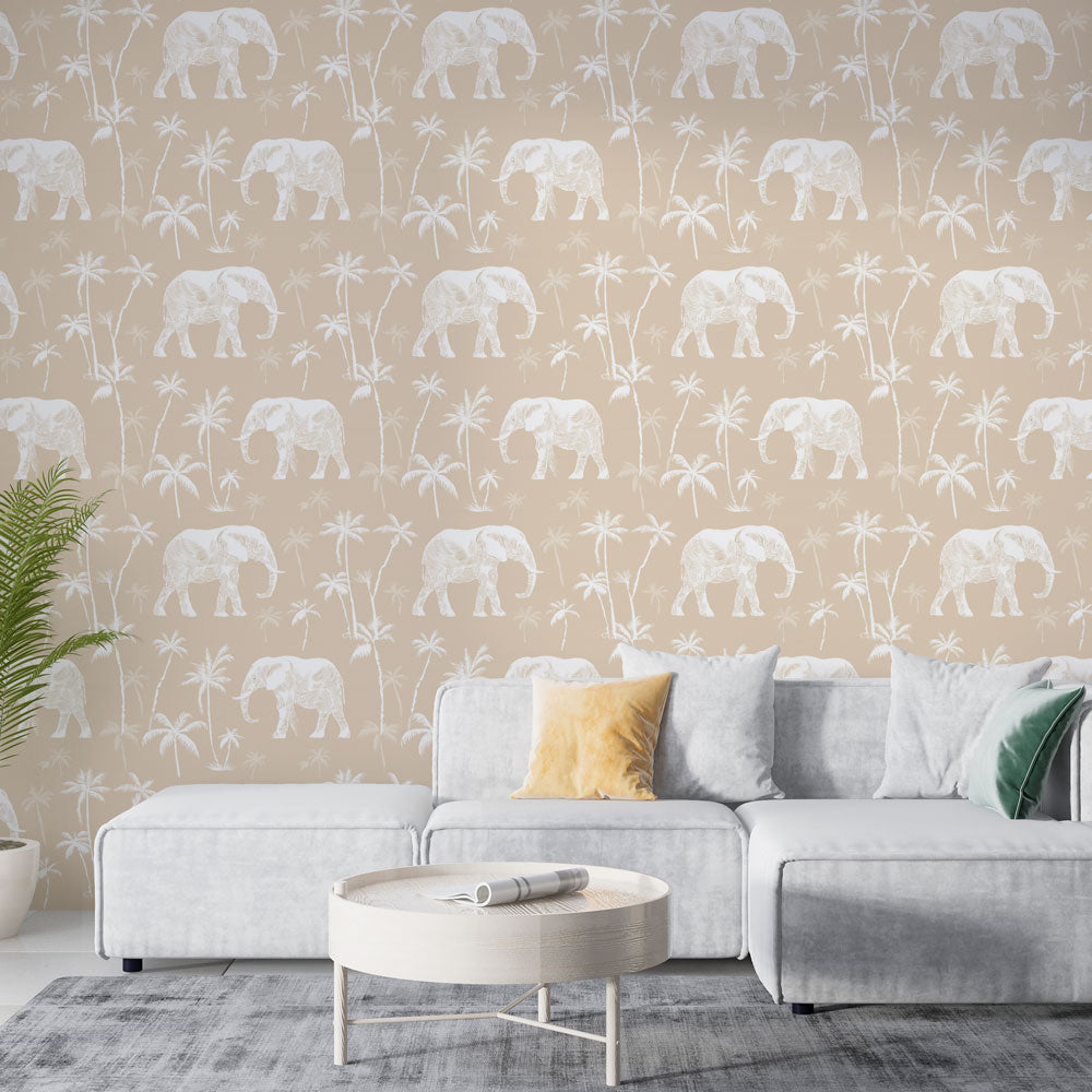 Elephant Wallpaper | Elephants and Palm Trees on Beige
