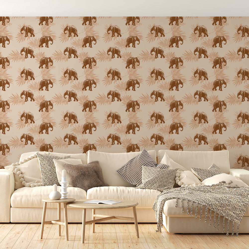 Elephant Wallpaper | Elephants and Exotic Leaves in Pastels