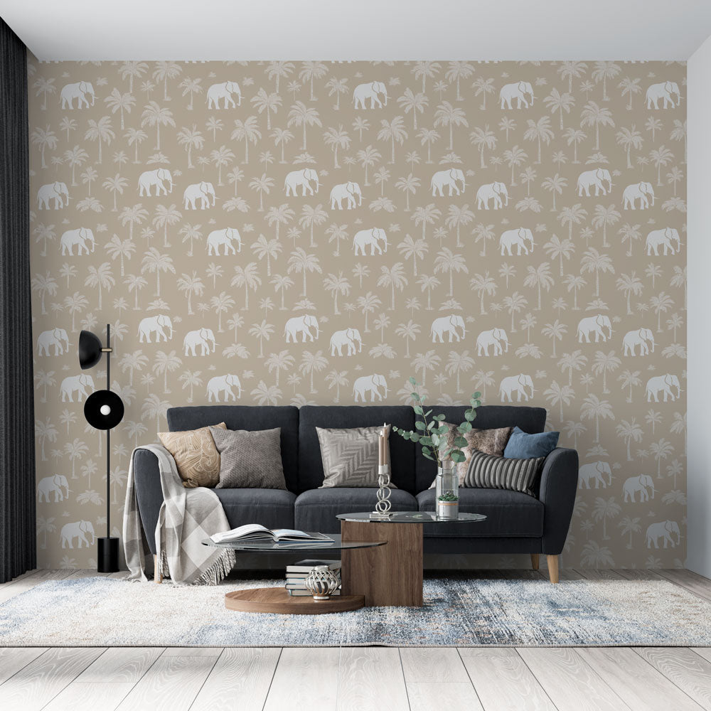 Elephant and Palm Tree Wallpaper | Beige Safari Wall Mural