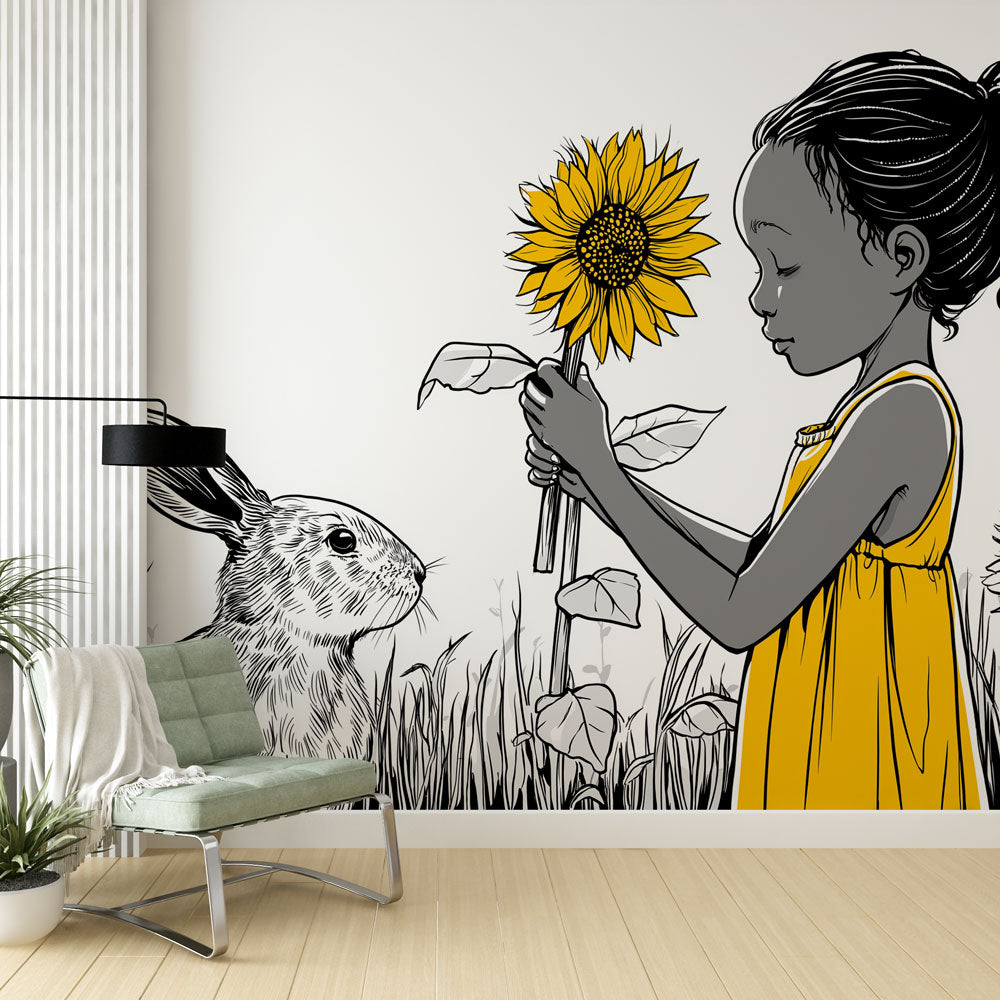 Kids Wallpaper | Child, Sunflower and Rabbit in a Joyful Garden