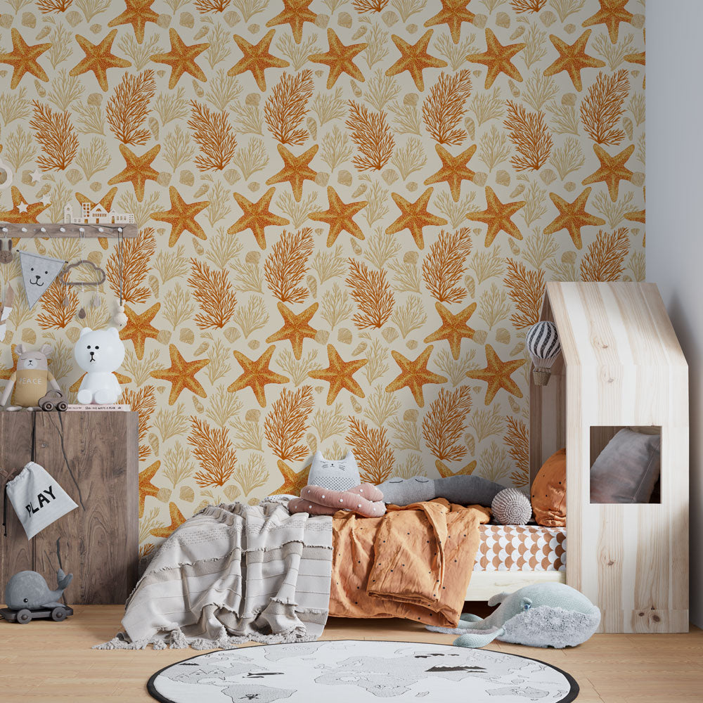 Starfish Wallpaper | Orange Seaside Botanical Wall Mural