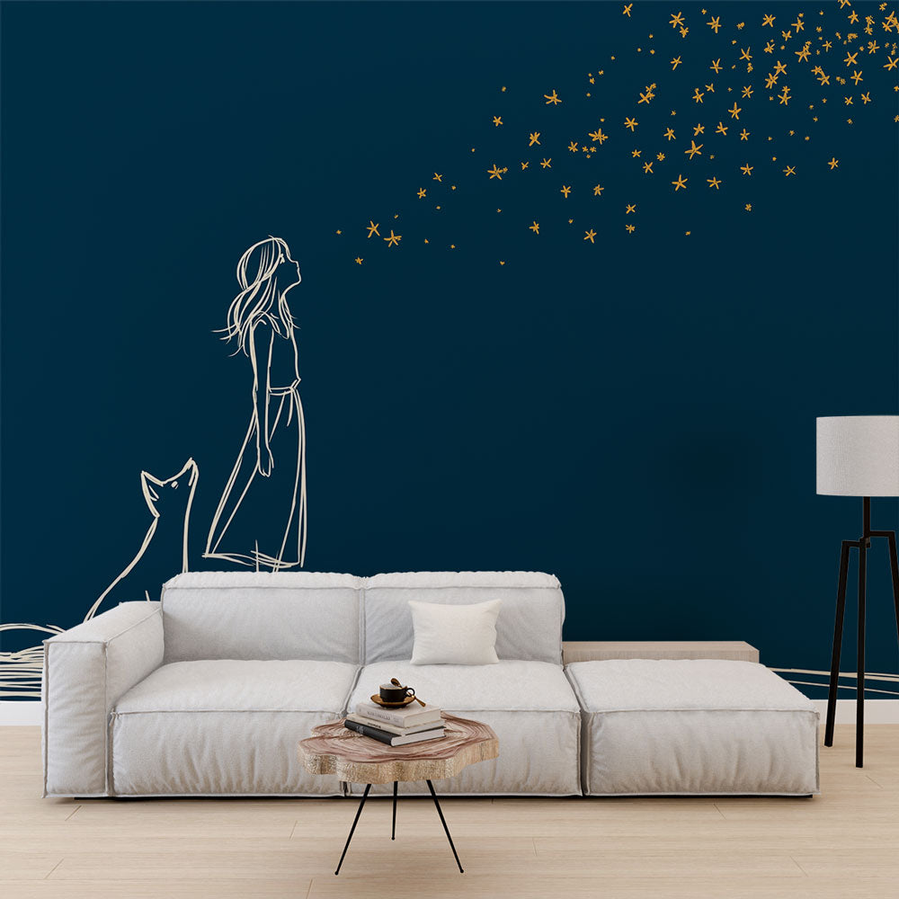 Starry Night Wallpaper | Girl and Fox Silhouette Wall Mural