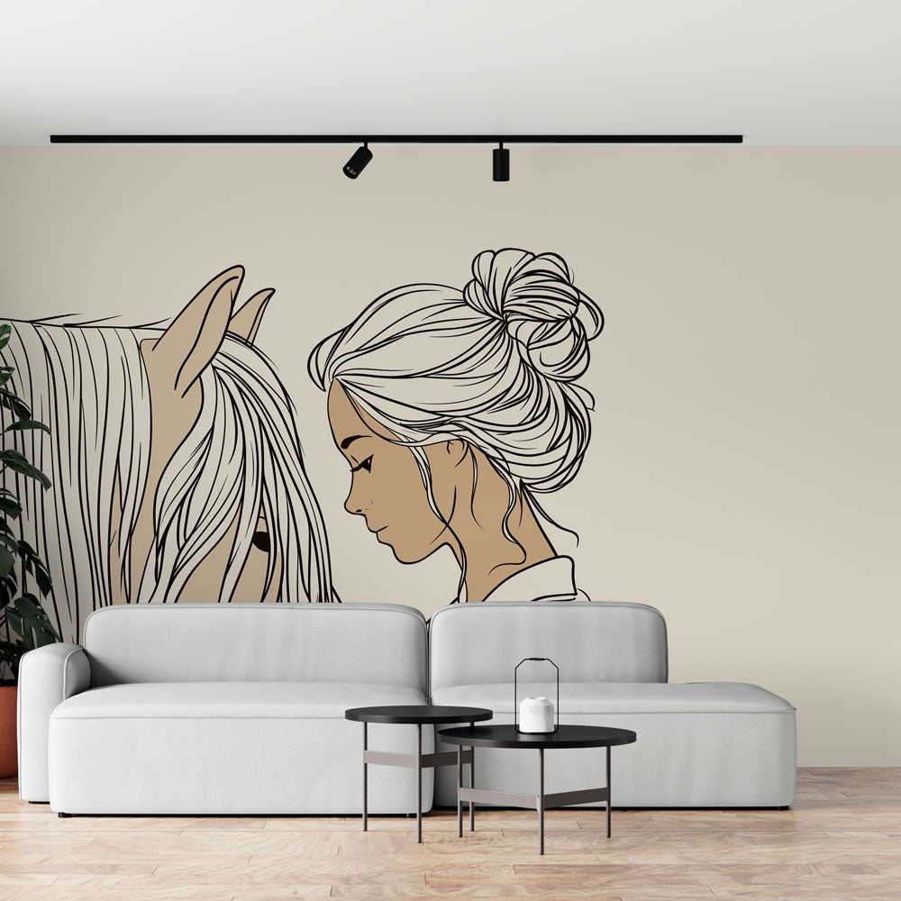 Woman and Horse Wallpaper | Tender Line Art on Beige