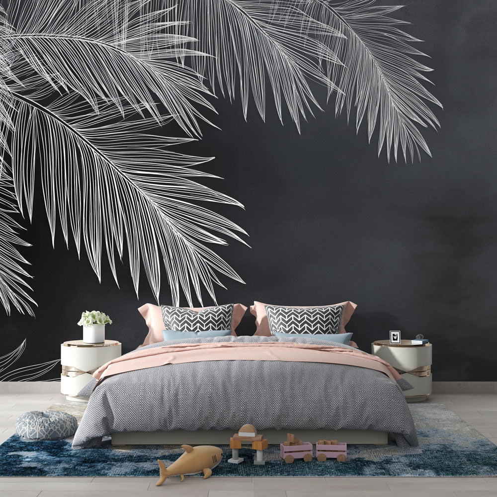 Palm Frond Wallpaper | Precise White Leaves on Black