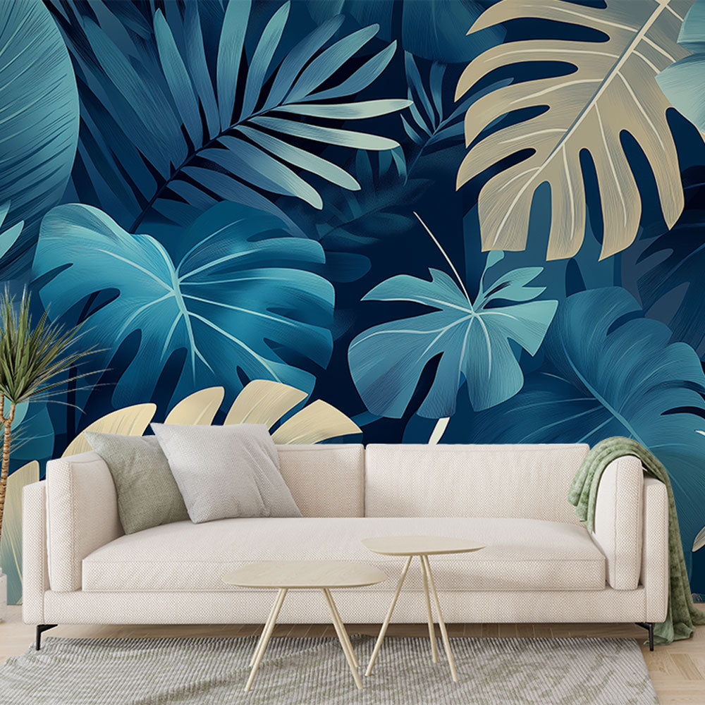 Teal Foliage Wallpaper | Tropical Leaves Dark Mural