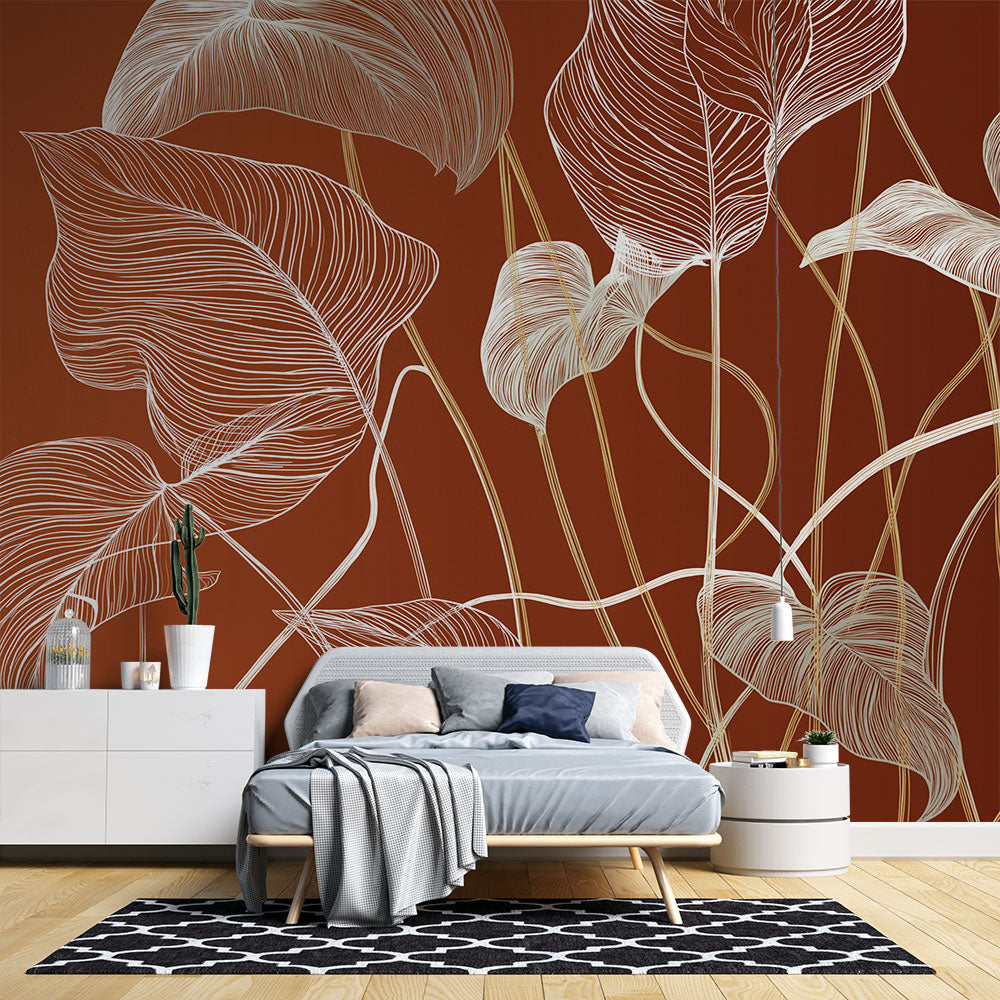 Elegant Foliage Wallpaper | White Leaves on Terracotta