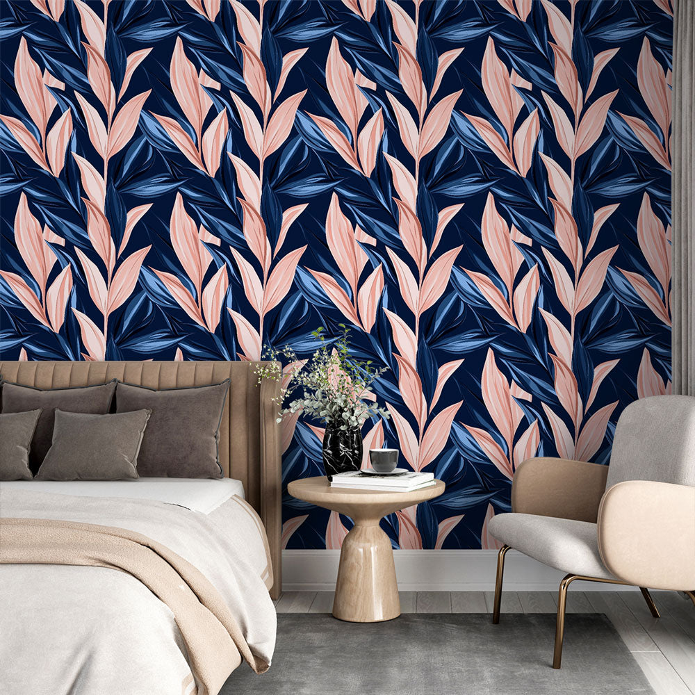 Foliage Wallpaper | Pink and Blue Leaves on Deep Navy