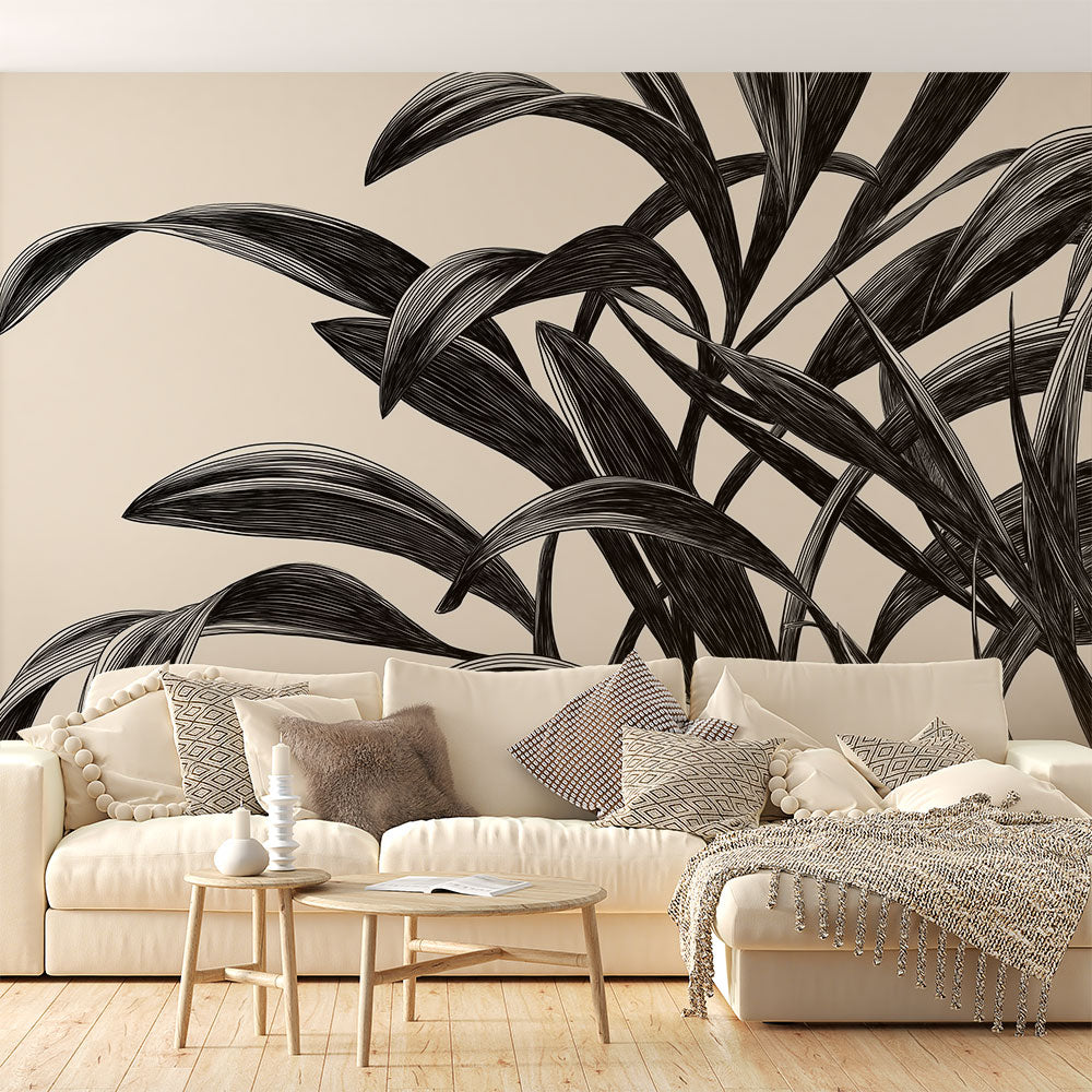 Graphic Foliage Wallpaper | Black and White Leaves on Beige