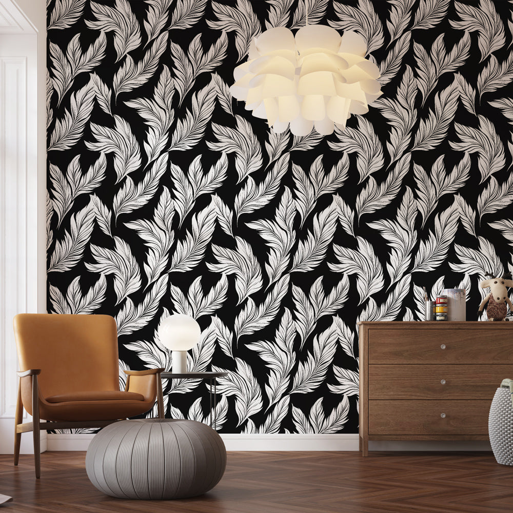 Black and White Foliage Wallpaper | White Leaves on Dark Ground