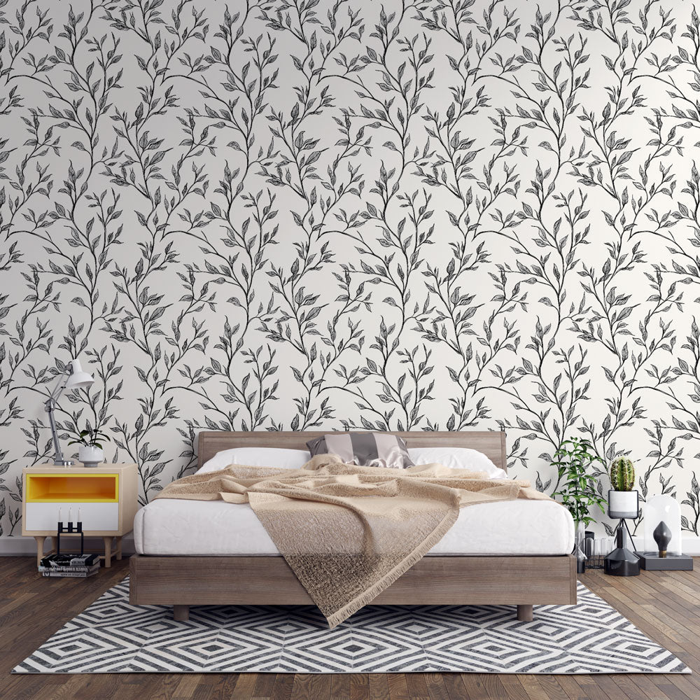 Black & White Foliage Wallpaper | Branches & Leaves Wall Mural