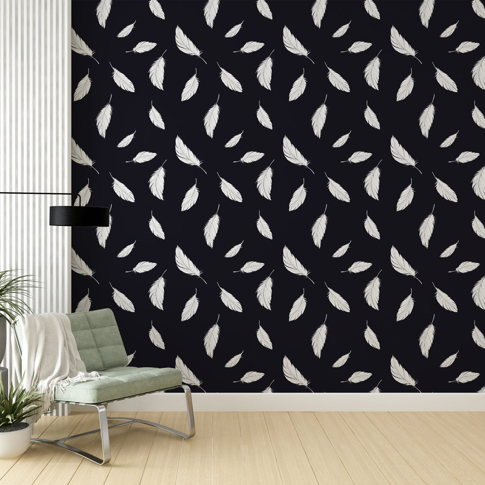 White Leaf Wallpaper | Delicate Foliage on a Deep Black Ground