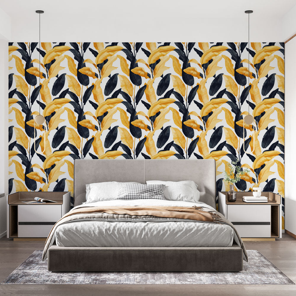 Colourful Yellow & Black Leaf Wallpaper on White