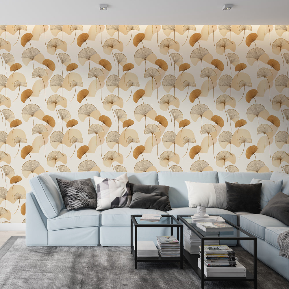 Ginkgo Leaves Wallpaper | Beige & Gold Wall Mural