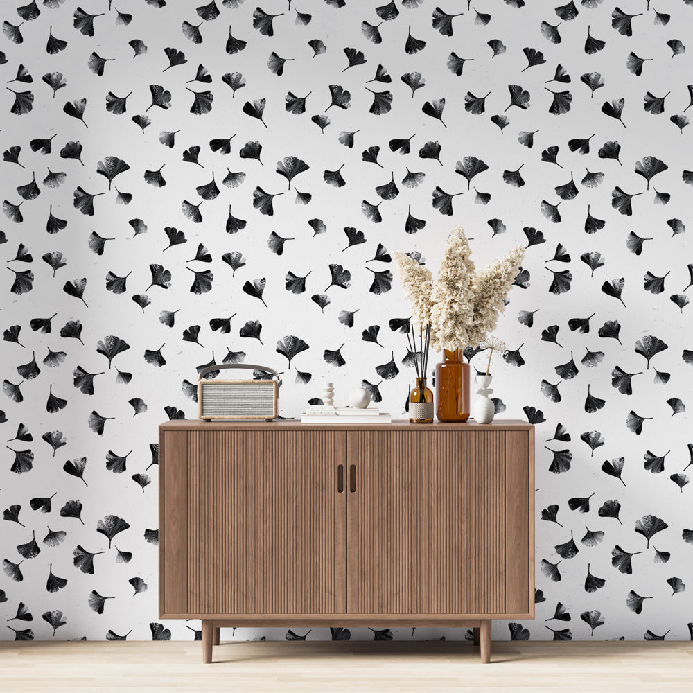 Ginkgo wallpaper | Stylised black & white leaf mural