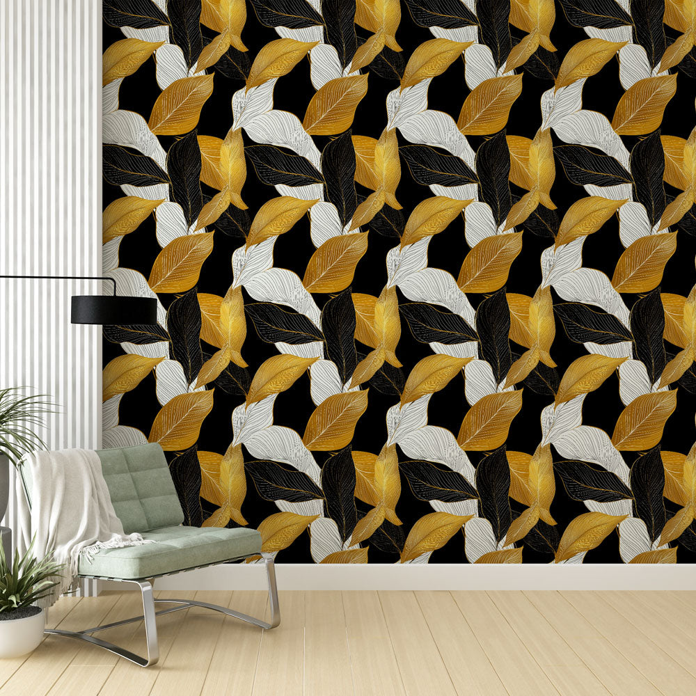 Gold Leaves Wallpaper | Elegant Black Wall Mural