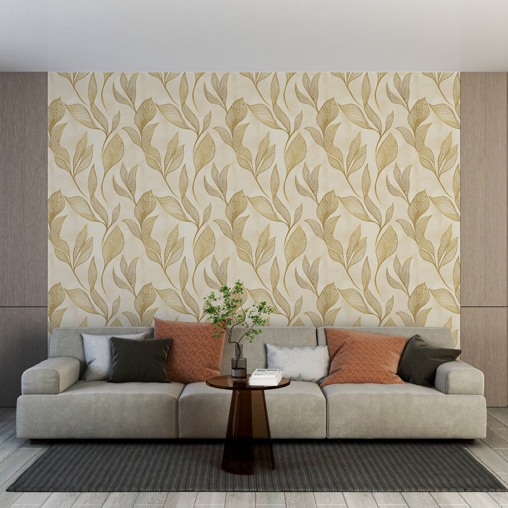 Gilded Leaves Wallpaper | Cream Background Wall Mural