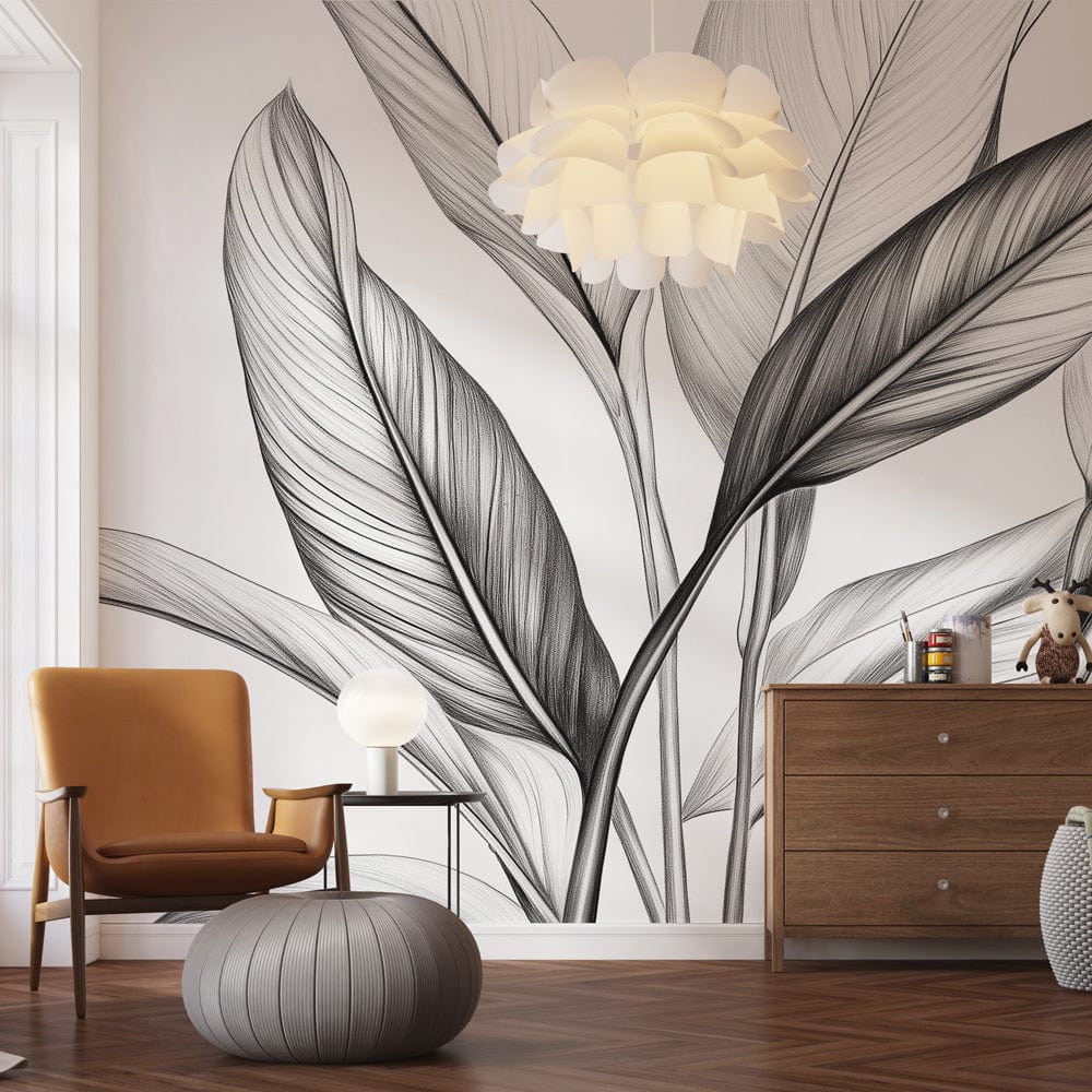 Black White Leaves Wallpaper | Elegant Stylized Mural