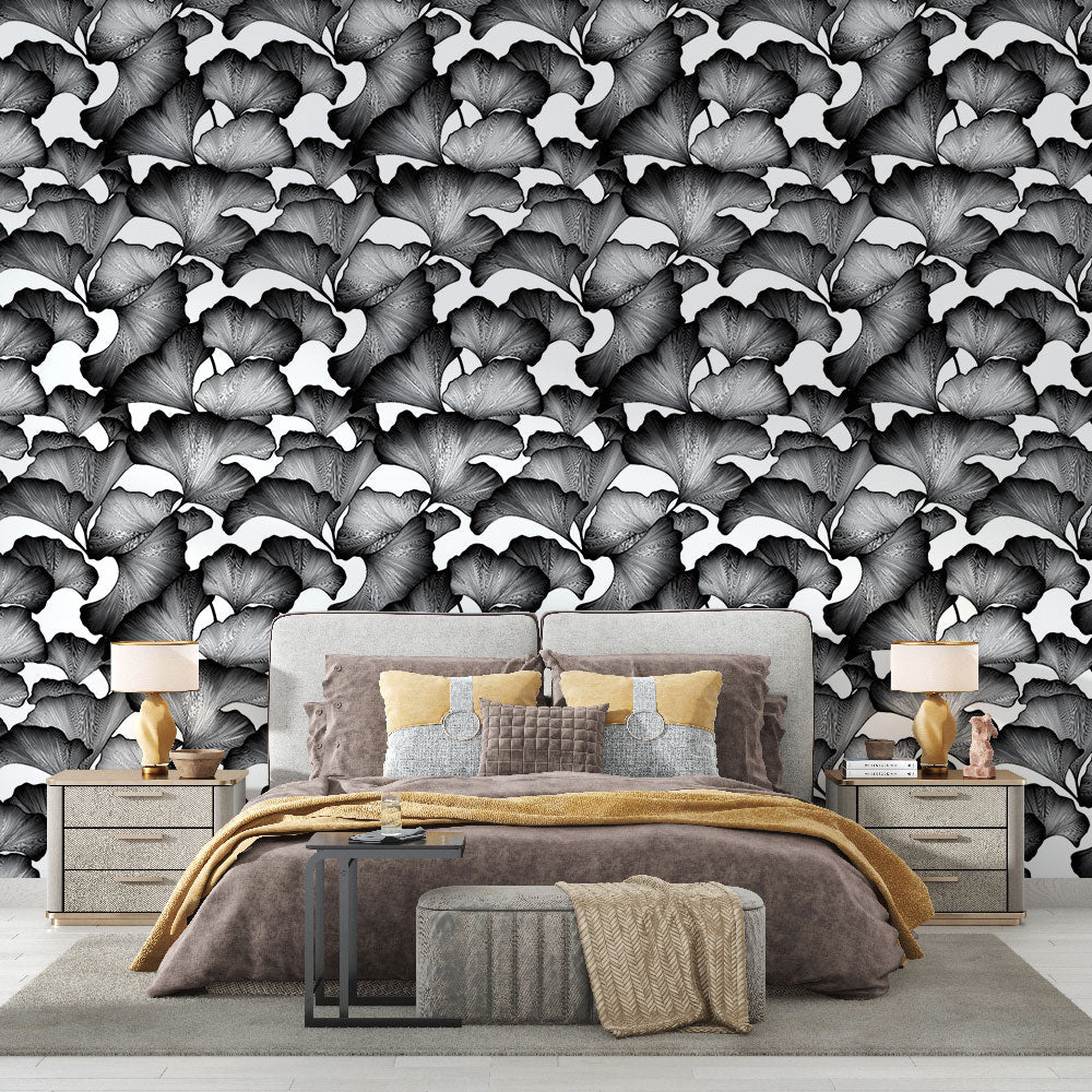 Grey Leaves Wallpaper | Elegant Black & White Foliage Wall Mural