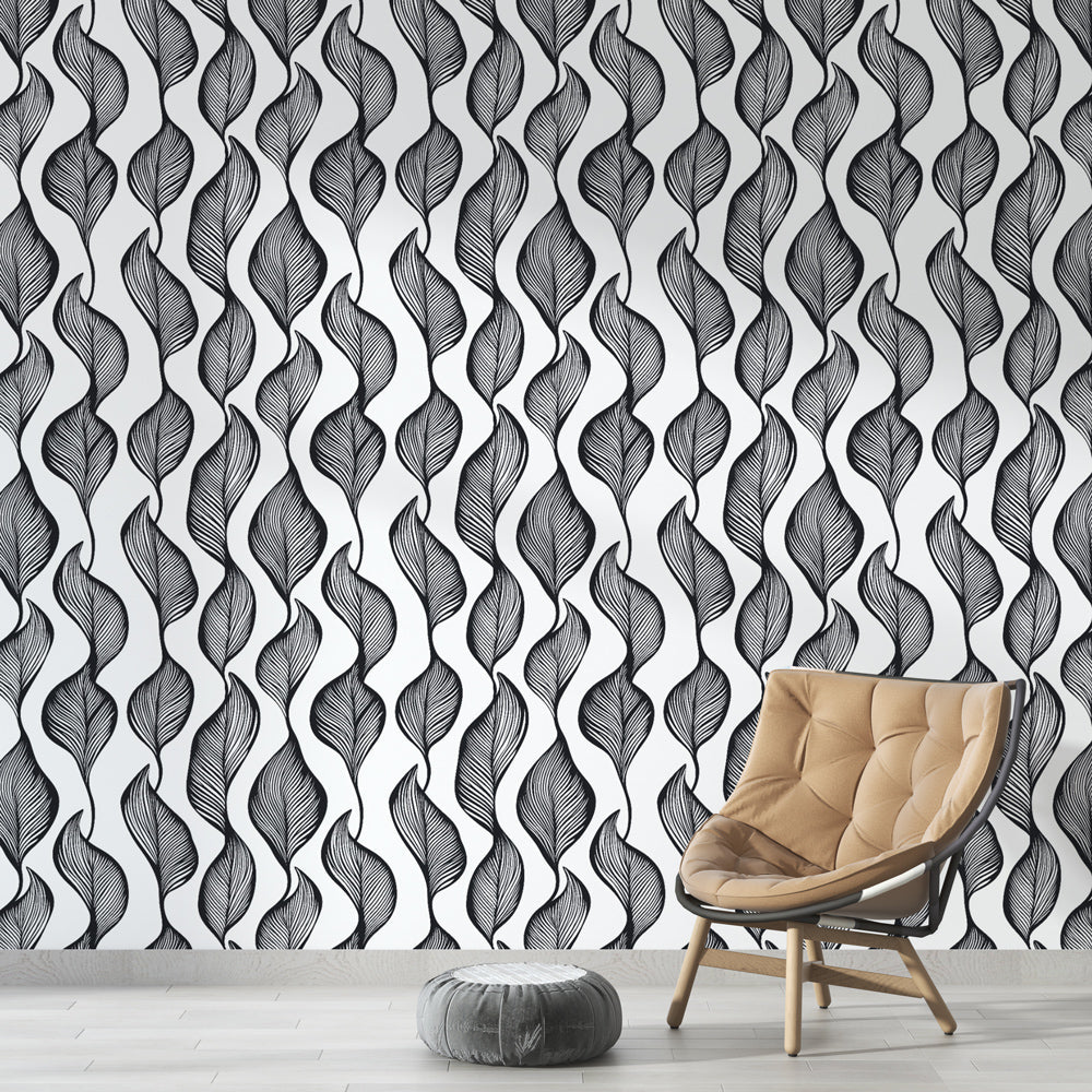 Black and White Leaf Wallpaper | Curving Leaves on White