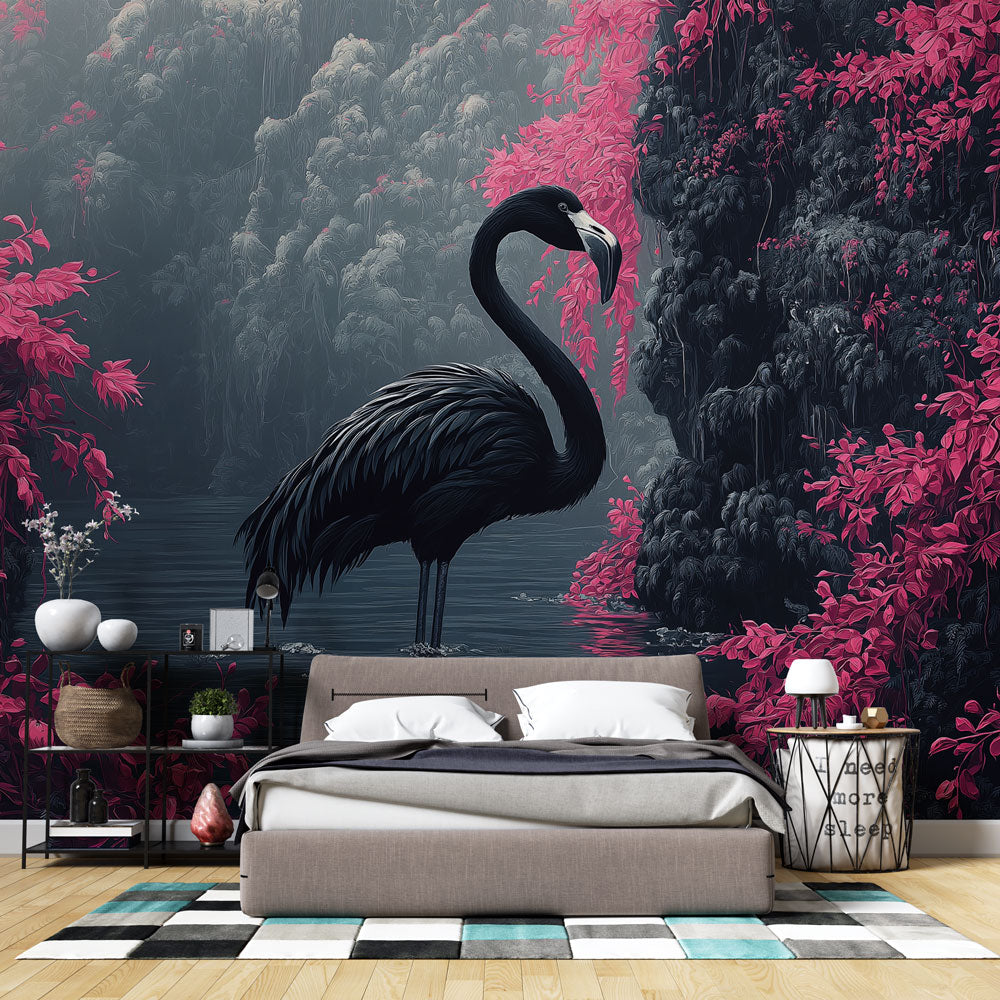 Black Flamingo Wallpaper | Majestic Bird in Pink Foliage