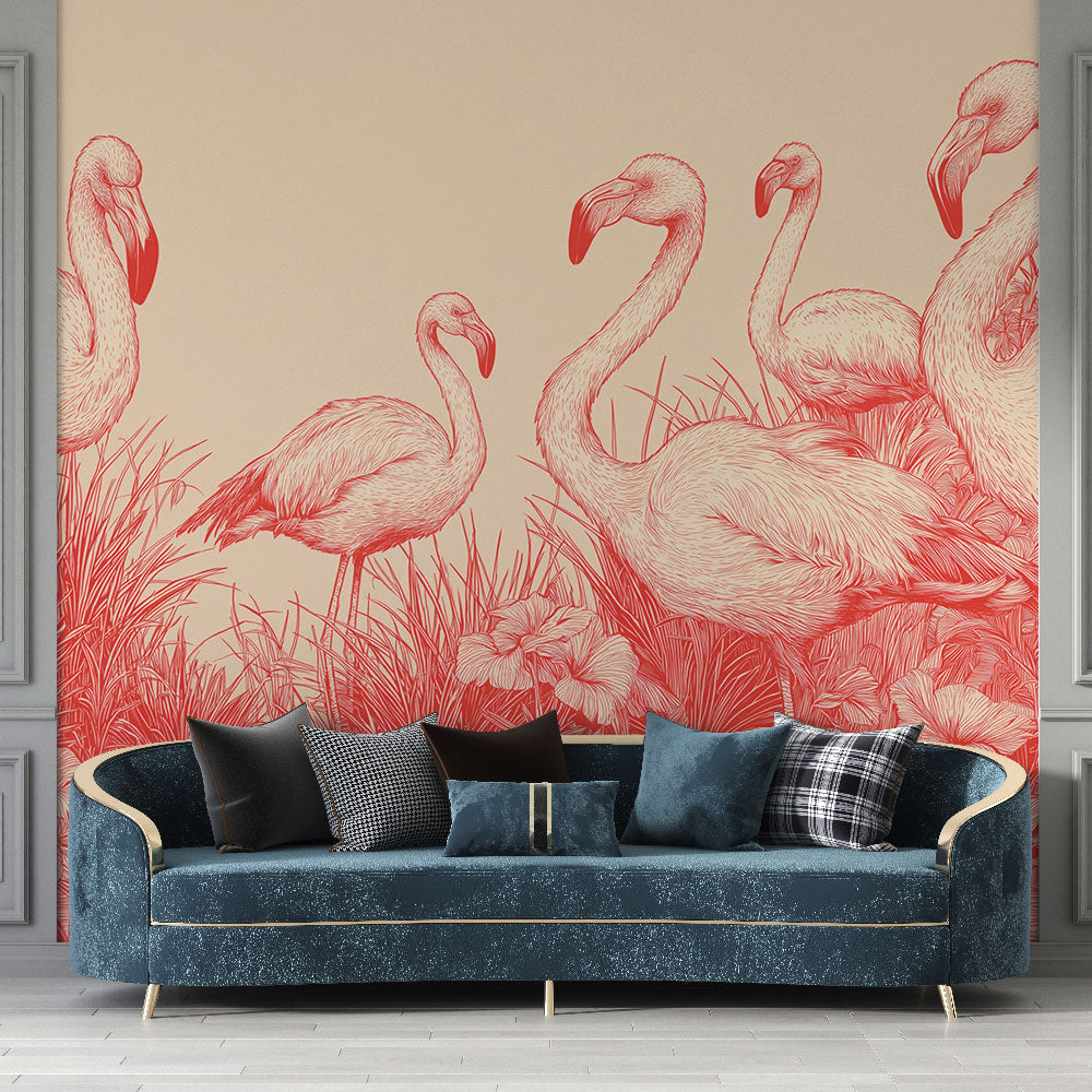 Flamingo Wallpaper | Tropical Scene with Delicate Flowers