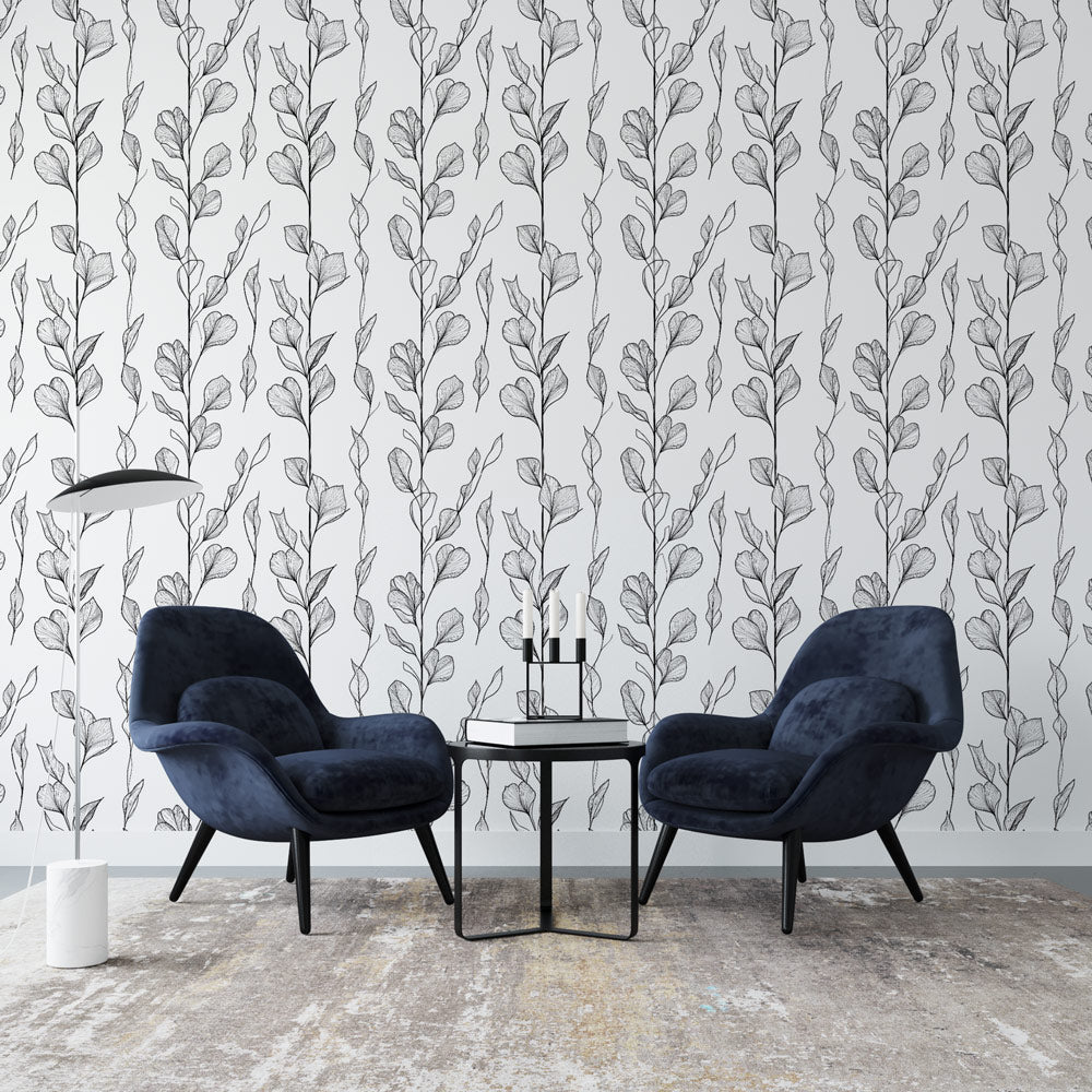 Black & White Leaf Wallpaper | Botanical Wall Mural