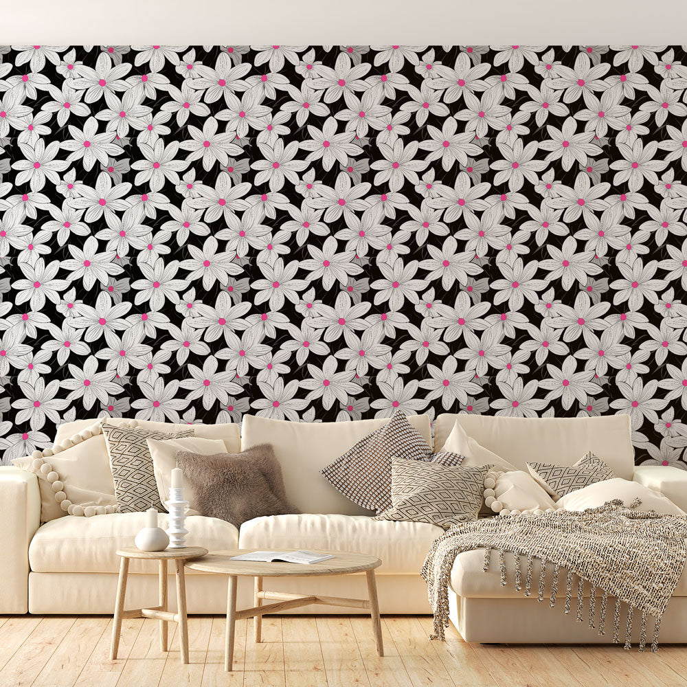 White Floral Wallpaper | Pink Touches on Black Background