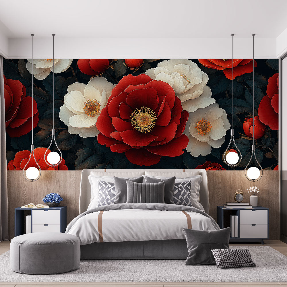 Red white peony wallpaper | Black ground floral wall mural