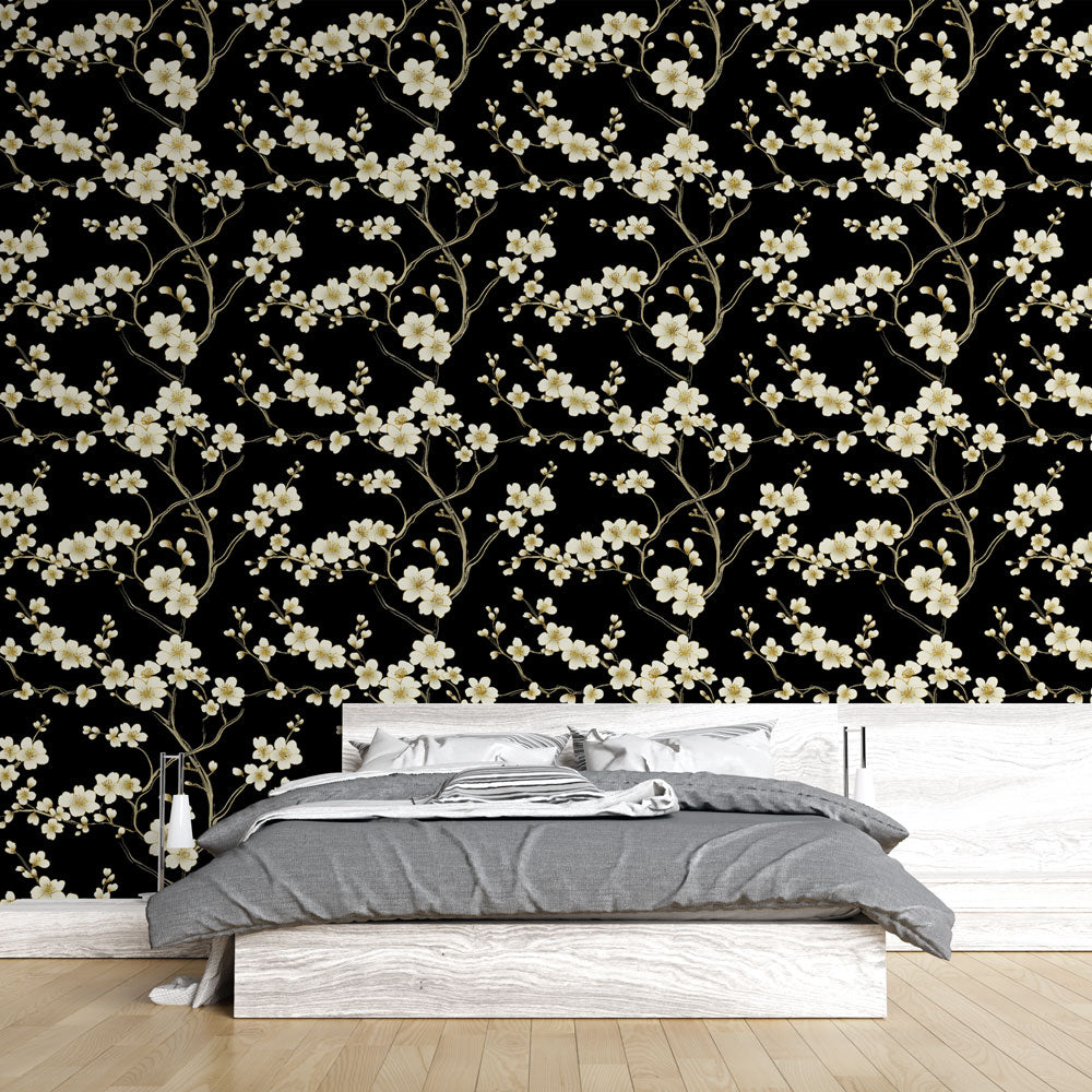 White Flowers Wallpaper | Branches on Black Mural