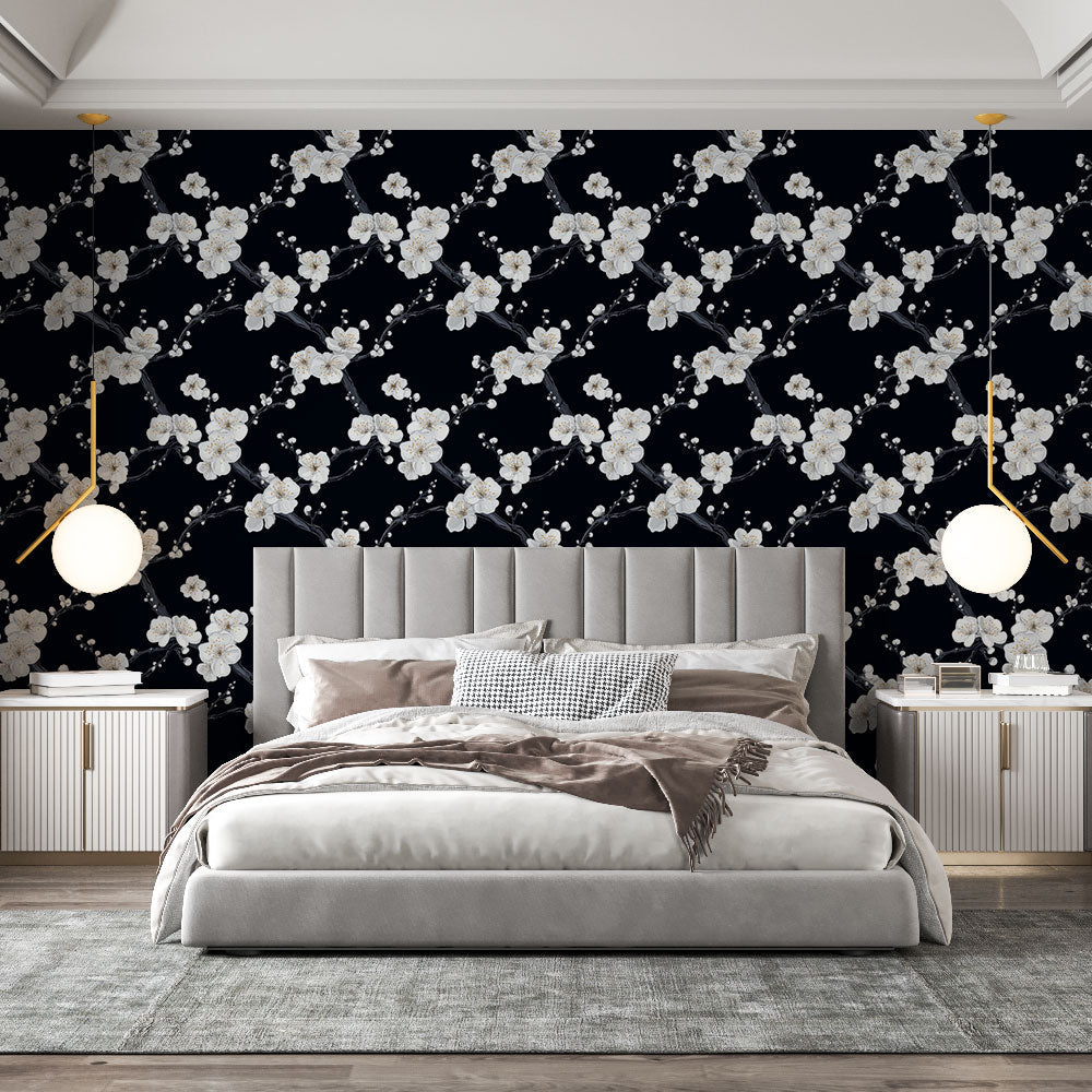 White Flowers Wallpaper | Delicate Blooms on Black Wall Mural