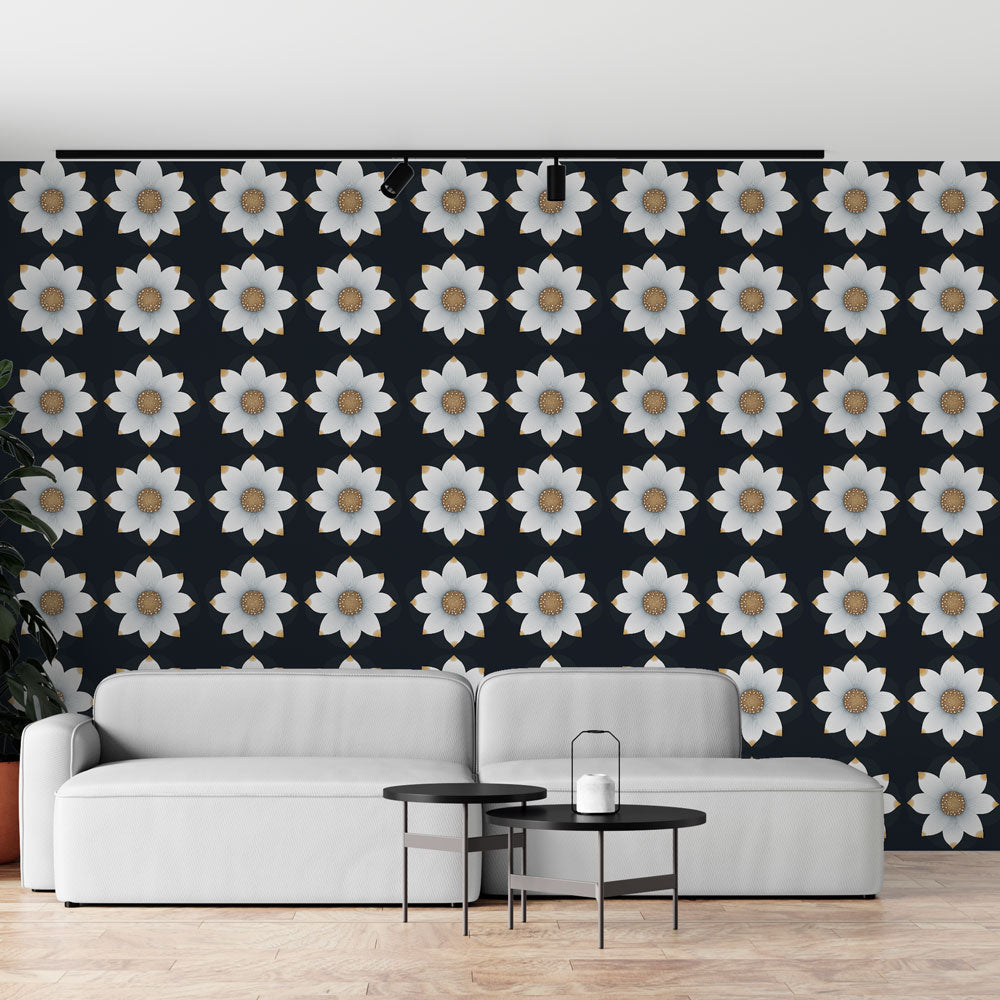 White Flowers Wallpaper | Black Background Wall Mural