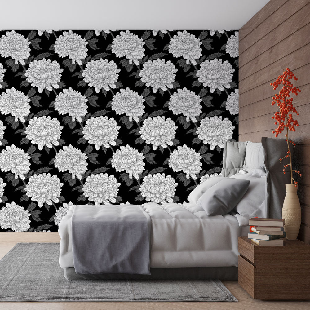 White Chrysanthemums Wallpaper | Black & White Wall Mural