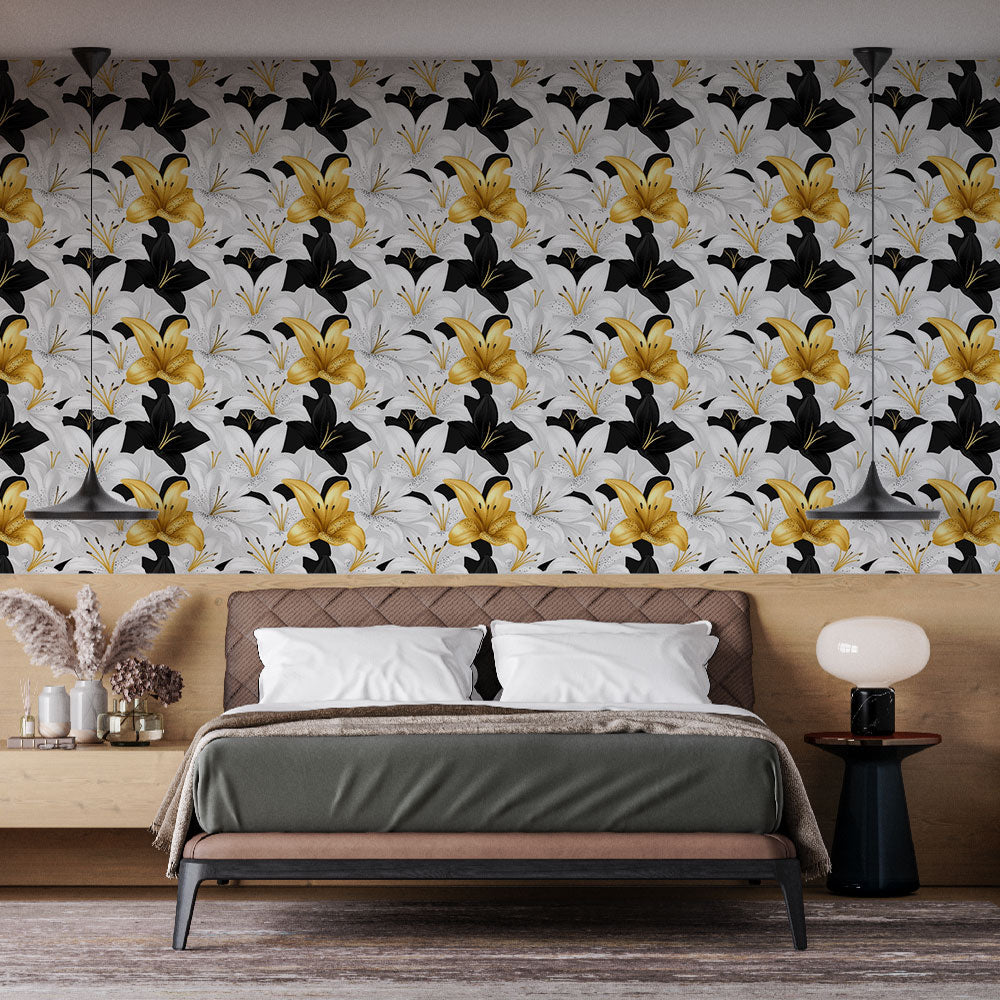 Lily Flowers Wallpaper | Black White & Gold Mural