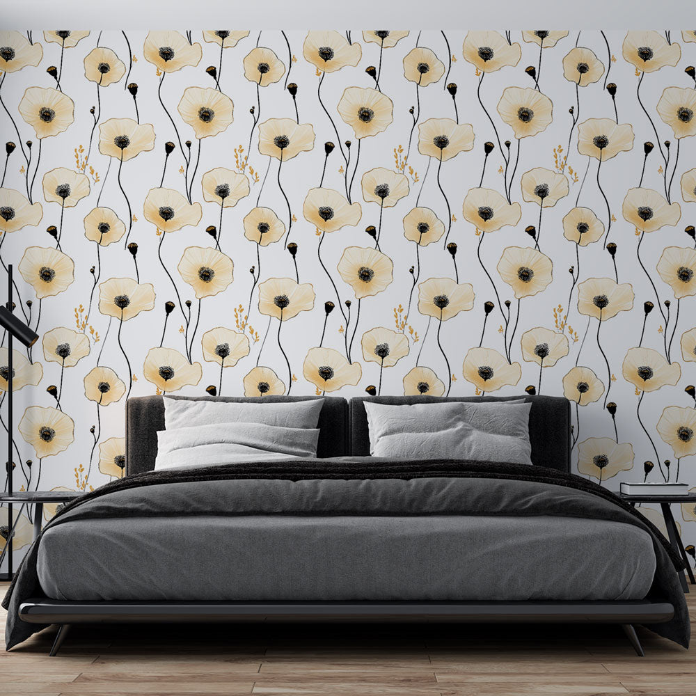 Beige Poppy Wallpaper | Refined Floral Wall Mural