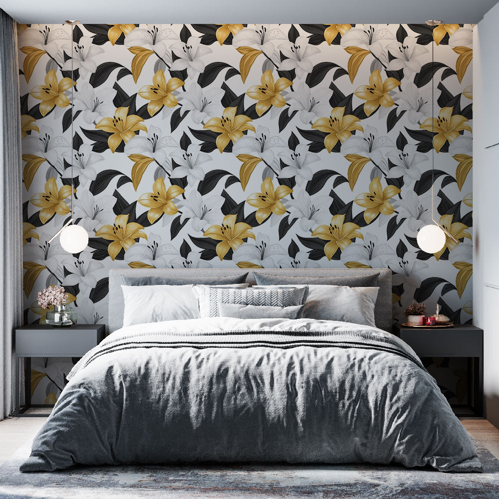 Gold Flowers Wallpaper | White & Yellow Mural Black